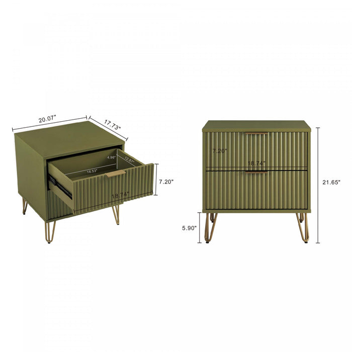 Dumbo Modern 20\" Fluted Nightstand in Olive Green (2-Drawer) - Set of 2