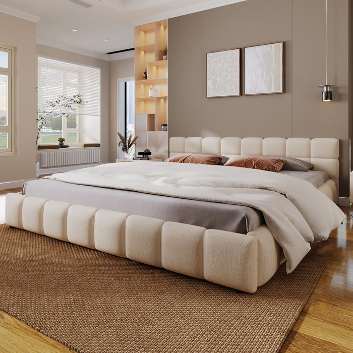 Eleanor Elegant Chenille Upholstered Bed with Checkerboard Design,King Size,Beige King Bed