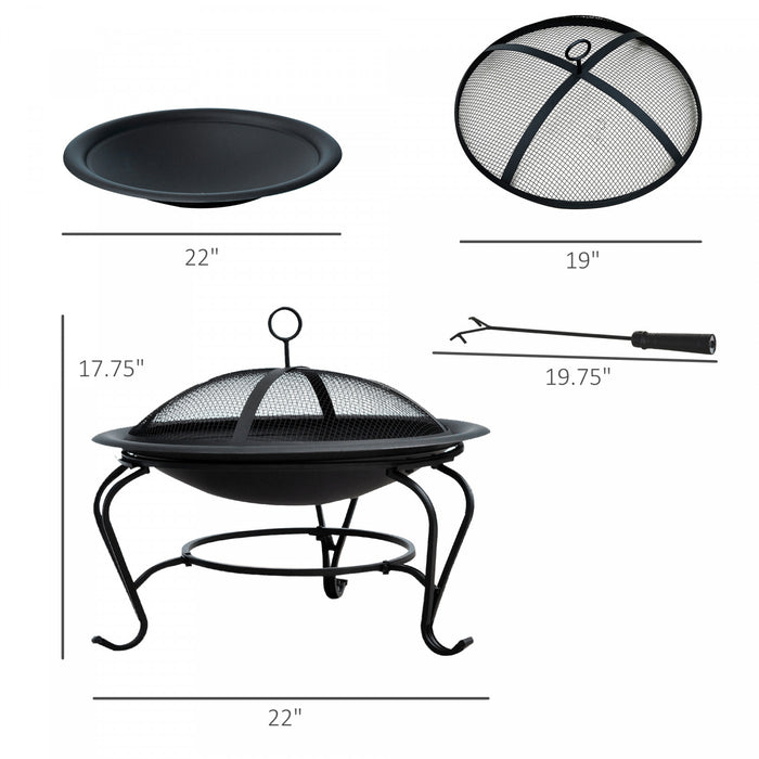 Outsunny 22\" Round Firepit Patio Fireplace Garden Heater Portable Wood Burning Porch With Poker And Spark Screen Black