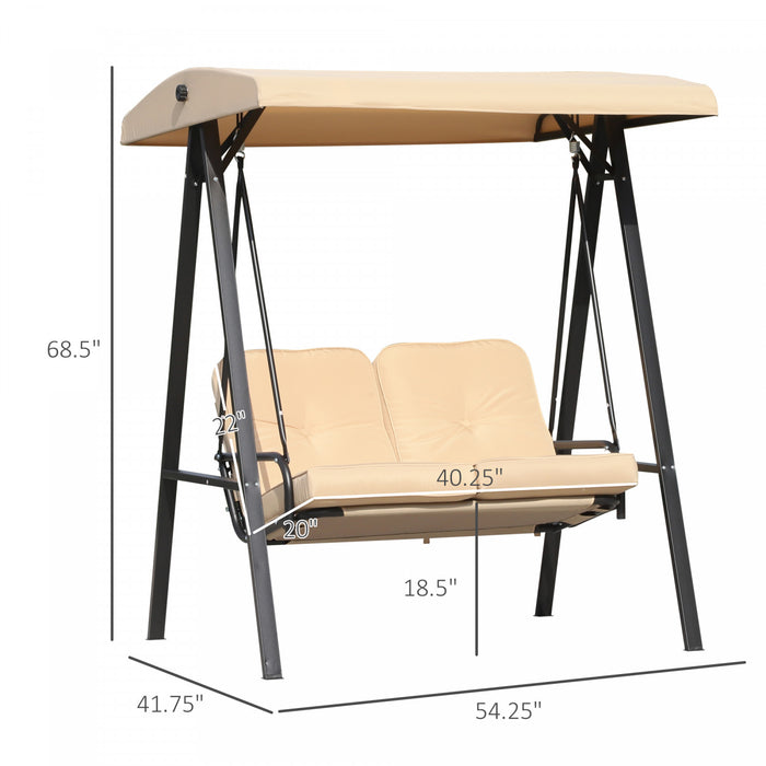 Outsunny 2 Seater Covered Outdoor Swing Chair Porch Swing Bench Lounger Hammock With Removable Cushion Tilt Canopy, Beige