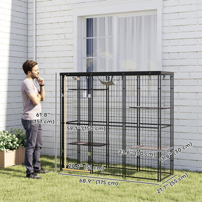 Pawhut Catio Outdoor Cat Enclosure, Weld Wire Outdoor Cat House With Waterproof Cover, 4 Jumping Platforms, Hammock, Cat Cage Indoor For 1-3 Kittens, 69\" X 22\" X 62\", Black