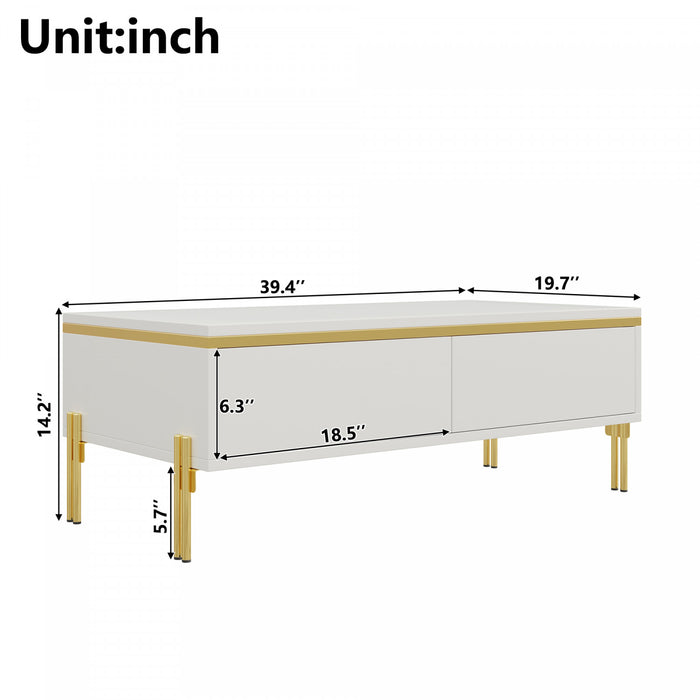 Lustra 39.4 Inch Modern High-Gloss Coffee Table with Dual Drawers and Gold Accents, White