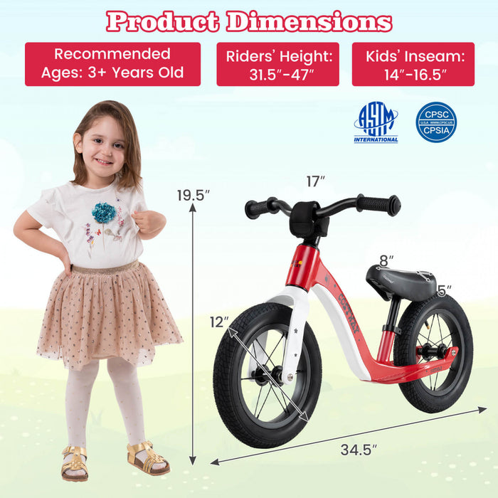 Costway 12 Inch Magnesium Toddler Balance Bike No Pedal Training Toddler Balance Bike Red