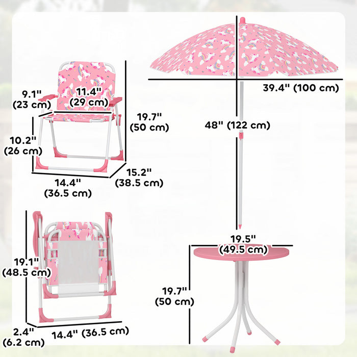 Qaba Kids Picnic Table, Kids Table and Chair Set with 2 Folding Chairs and Removable Umbrella, Unicorn Theme Portable Children Outdoor Furniture for Backyard, Garden, Patio, Pink