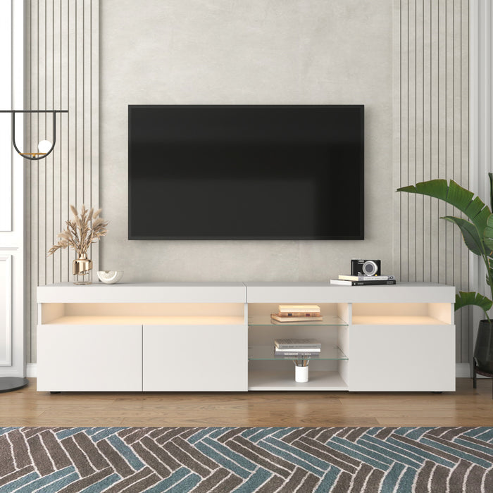 James 70.8\" Modern TV Cabinet with USB LED Lighting and High Gloss Front,White Tv Stand