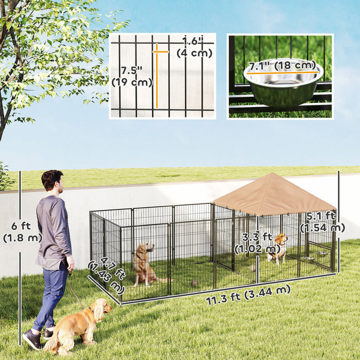 Pawhut Outdoor Dog Kennel, Dog Run Outdoor With Rotating And Adjustable Height Bowls, Waterproof Uv-resistant Cover, Secure Lock, 11.3' X 4.7' X 5.1'