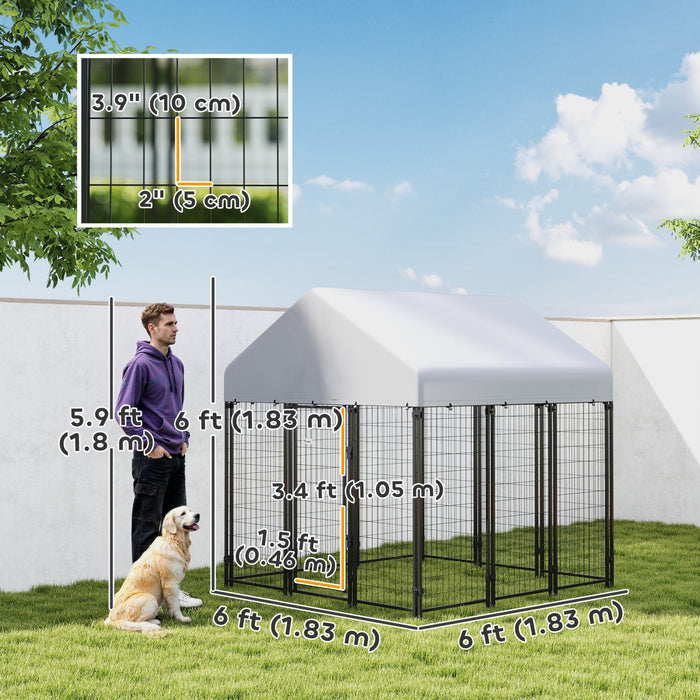PawHut 6' x 6' x 6' Dog Run Outdoor, Large Outdoor Dog Kennel Welded Wire Steel Fence with UV-Resistant & Waterproof Cover, Secure Lock, Silver