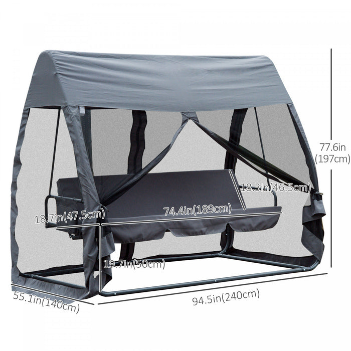 Outsunny 3-seat Outdoor Swing Chair, Porch Swing, Chaise Lounger Bed, Garden Hammock, Converting Flat Bed With Heavy-duty Steel Stand, Canopy And Netting Walls, Grey