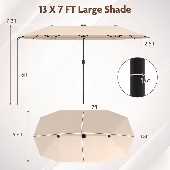 Costway 13 FT Large Patio Umbrella with LED Solar Lights Crank Handle 12 Heavy-Duty Ribs Beige