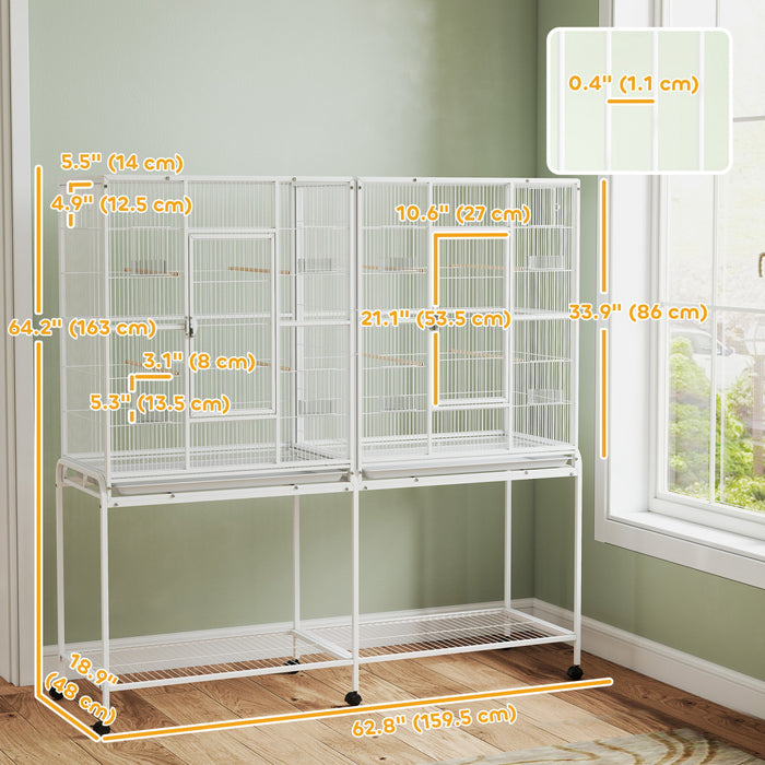 PawHut 64\" Extra Large Bird Cage w, Rolling Metal Parrot Cage, Bird House with Detachable Rolling Stand, Storage Shelf, Wood Perch, Food Container, 62.8\" x 18.9\" x 64.2\", White