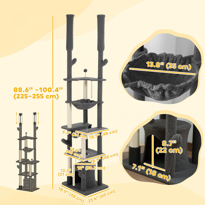 Pawhut Floor To Ceiling Cat Tree, 89\"-100\" Adjustable Height Cat Tower For Large Cats With Scratching Posts, Grooming Brush Post, Cat Condo, Perches, Hammocks, Balls, Grey