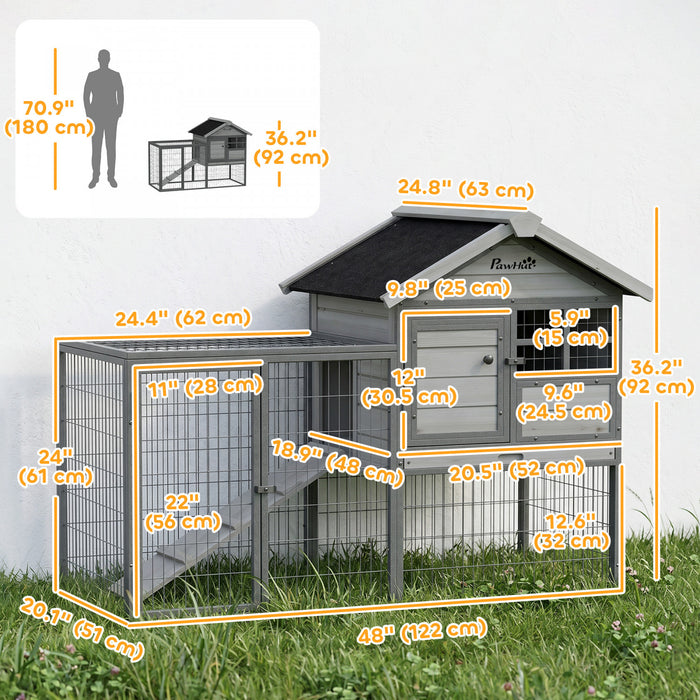 PawHut Rabbit Hutch Outdoor, 48\"L Large Wooden Bunny Cage with Run, Robust Metal Frame, Removable Plastic Tray, Asphalt Roof, Ramp, Guinea Pig Cage for 1-2 Rabbits, Grey