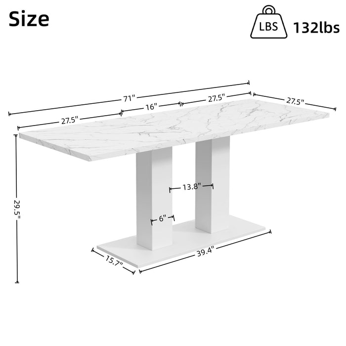 Vero 71 Inch Modern Rectangular Dining Table with Dual Pedestal Base and Marble Effect Finish, White Marble