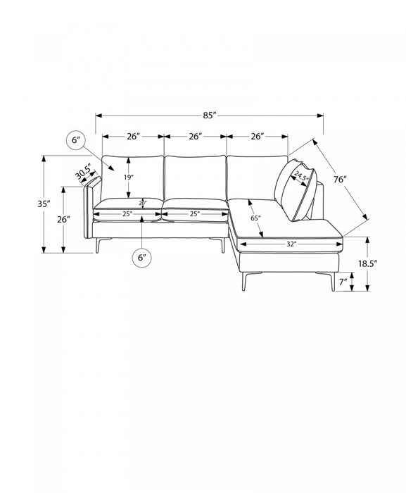 Upholstered Sofa Sectional, 86\" Wide, Grey Fabric, Black Metal Legs Sectional