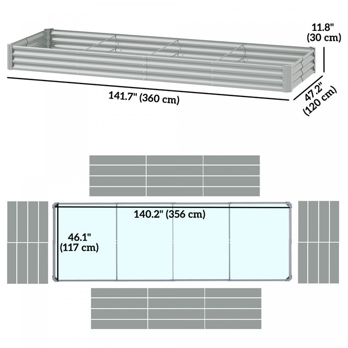 Outsunny 12x4x1ft Galvanized Raised Garden Bed, Open Bottom, Silver
