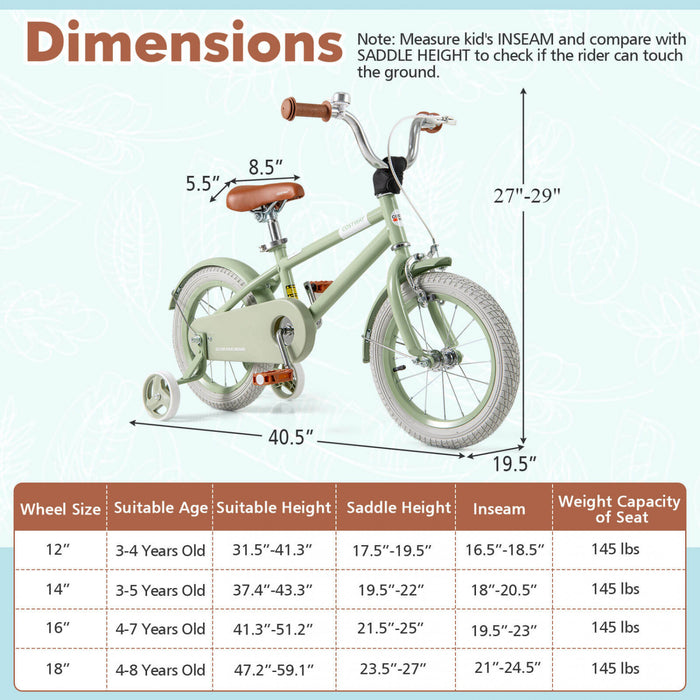 Costway 14\" Kids Bike With Adjustable Saddle Handlebar Removable Training Wheels Handbrake Green