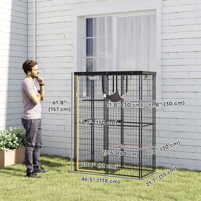 Pawhut Catio Outdoor Cat Enclosure, Weld Wire Outdoor Cat House With Waterproof Cover, 4 Jumping Platforms, Hammock, Cat Cage Indoor For 1-3 Kittens, 46.5\" X 22\" X 62\", Black
