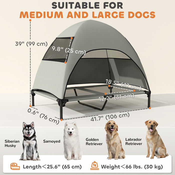 PawHut Outdoor Elevated Dog Bed with Canopy, Cooling Pet Lounger for Large Dogs, Washable Mesh, Steel Frame, Suitable for Camping & Garden, 41.7\" x 29.9\" x 39\", Light Grey