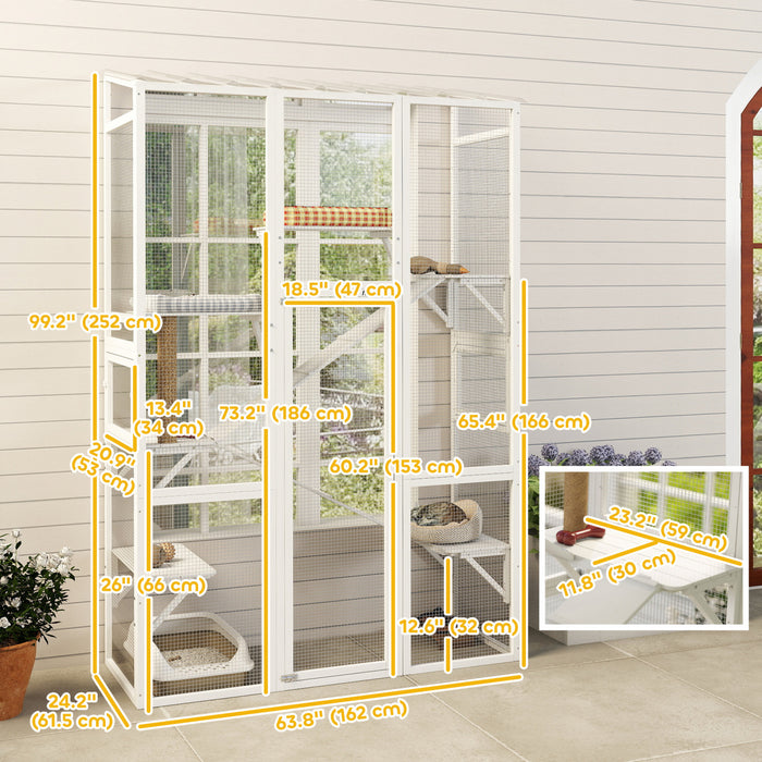 PawHut Catio Outdoor Cat Enclosure, Large Wooden Cat House with 6 Platforms, Scratching Post, 2 Ramps, Waterproof Roof, Walk-in Kitty Cage for 2–3 Kittens, 64\" x 24\" x 99\", White