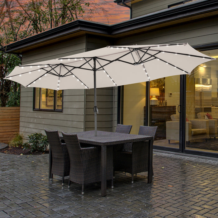 Costway 15FT Twin Patio Double-Sided Umbrella 48 Solar LED Lights Crank Outdoor Beige
