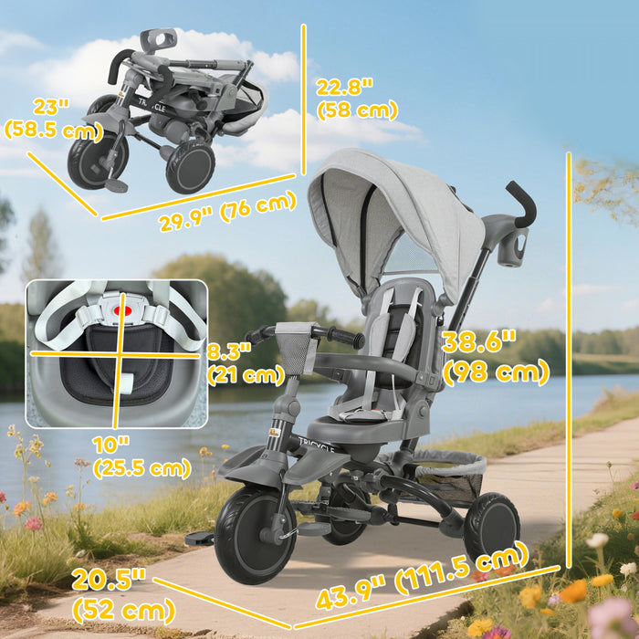 Qaba 6 in 1 Tricycle for Toddler, Kids Trike Converts Stroller to Toddler Bike, Adjustable Push Handle & Canopy, Rotatable Seat, Safety Harness, Brake for 1-5 Years Old, Grey