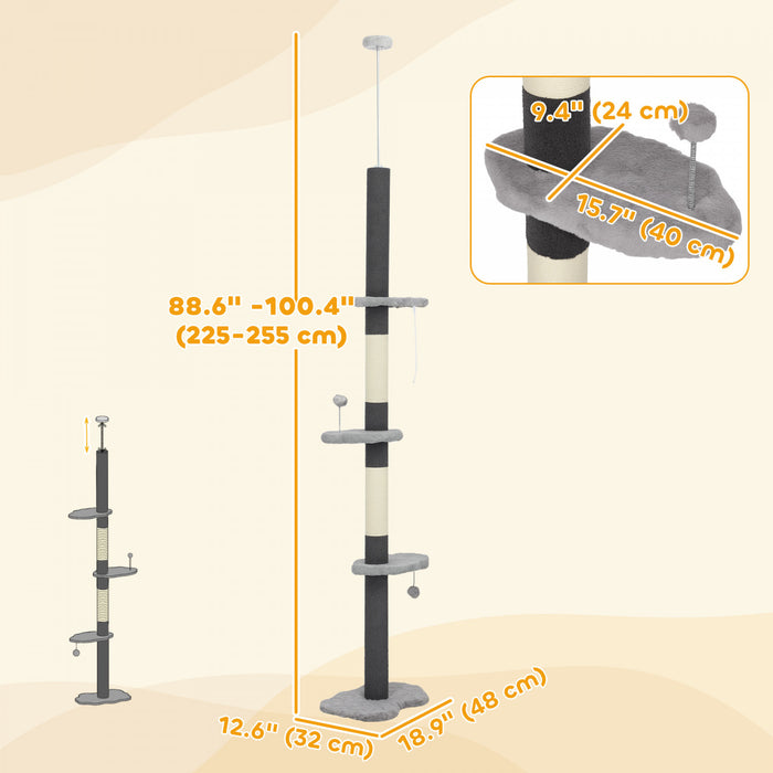 PawHut Floor to Ceiling Cat Tree with Scratching Posts, 88.5\"-100.5\" Adjustable Height Cat Tower with Cloud Shaped Platforms, Dangling Balls, Grey