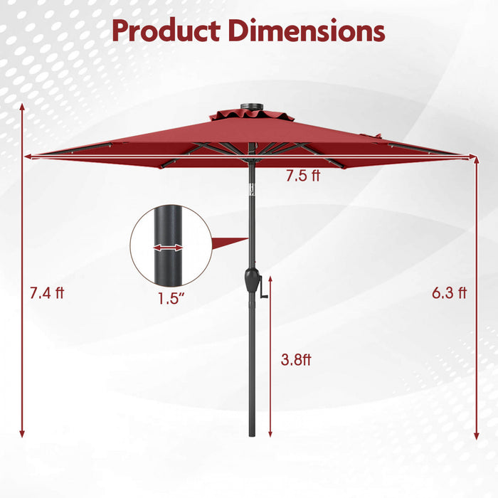 Costway 7.5 ft Solar Powered Patio Umbrella with LED Lights Push Button Tilt Crank Handle Red
