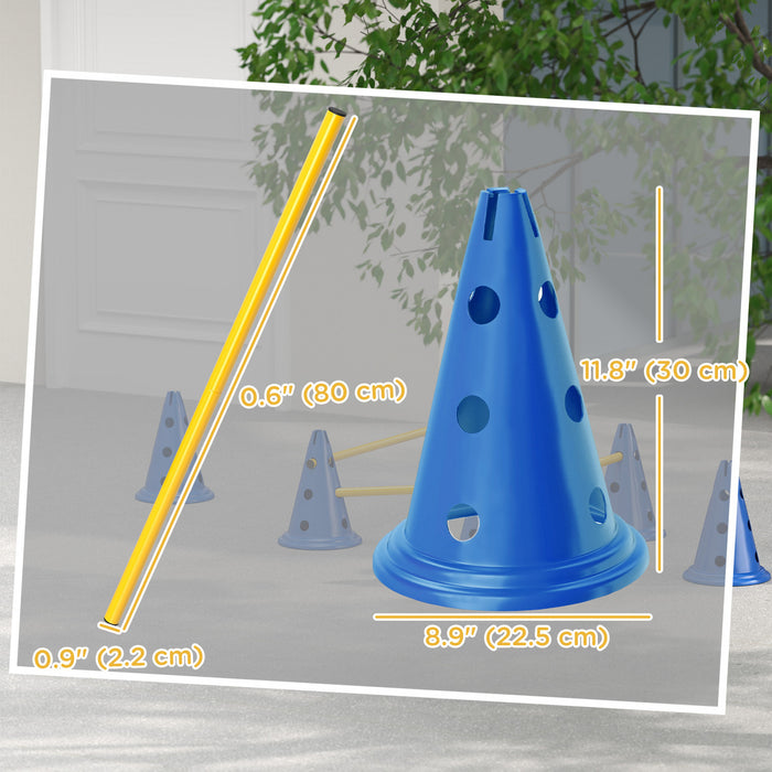 PawHut Dog Agility Hurdle Cone Set, Adjustable Obstacle Course Equipment with 6 Cones & 6 Poles, Portable Canine Agility Training Set with Carry Bag, Blue