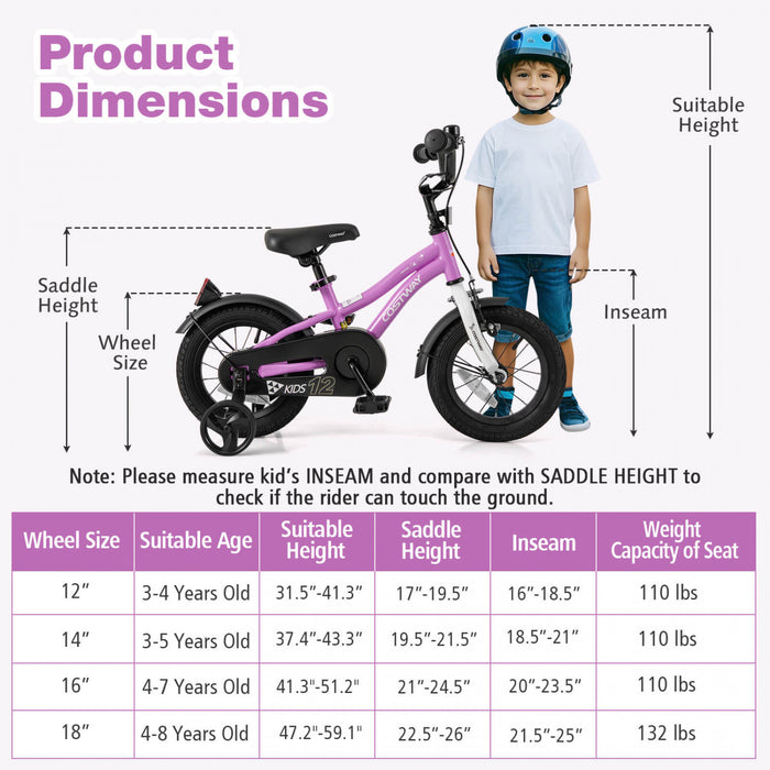 Costway 12\" Kids Bike For 3-4 Years Old Boys & Girls With Adjustable Seat Handbrake Reflectors Purple