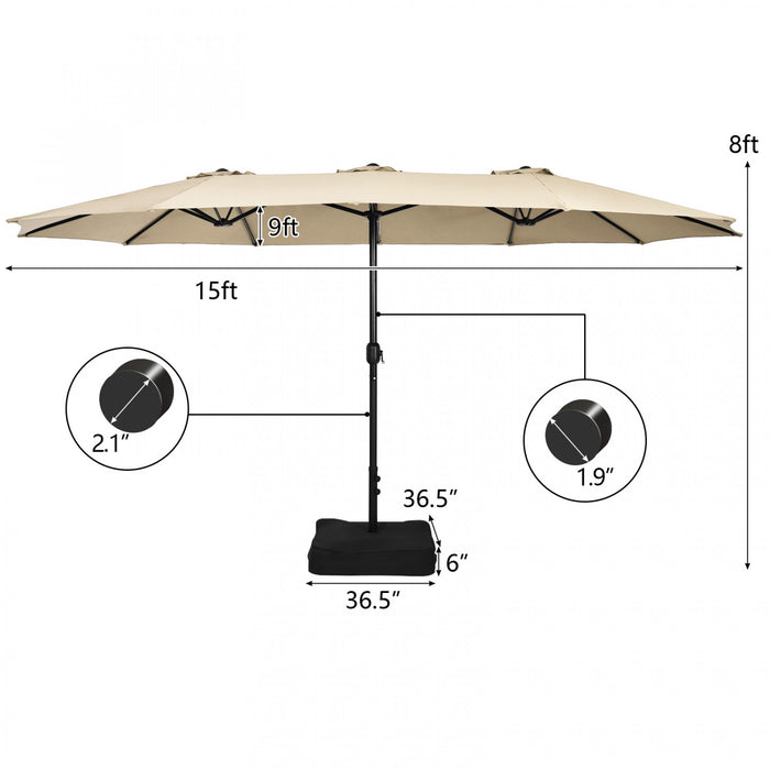 Costway 15FT Double-Sided Twin Patio Umbrella Outdoor Market with Crank & Base Beige