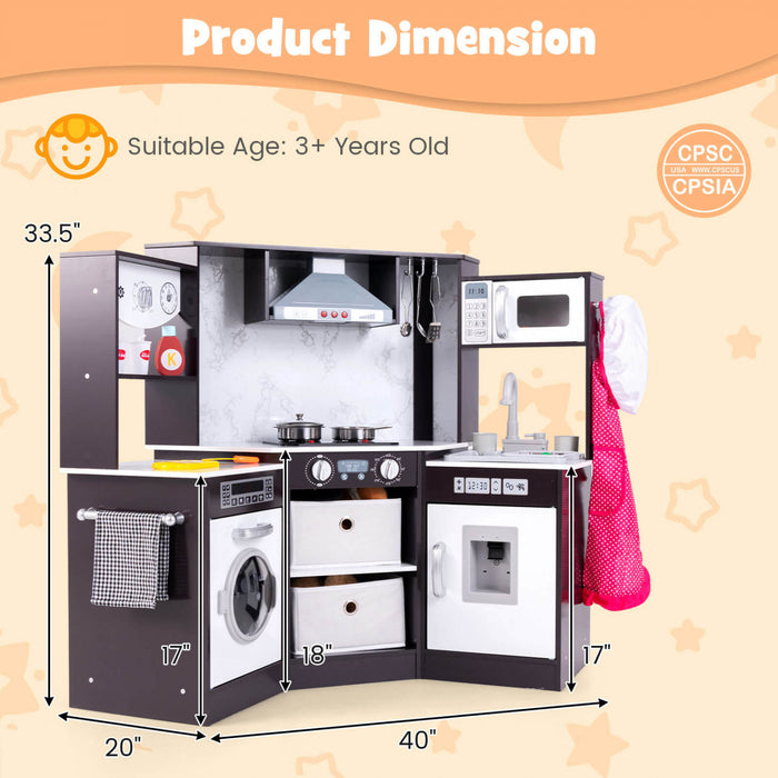 Costway Wooden Kids Play Corner Kitchen With Realistic Lights & Sounds Lighted Range Hood Brown