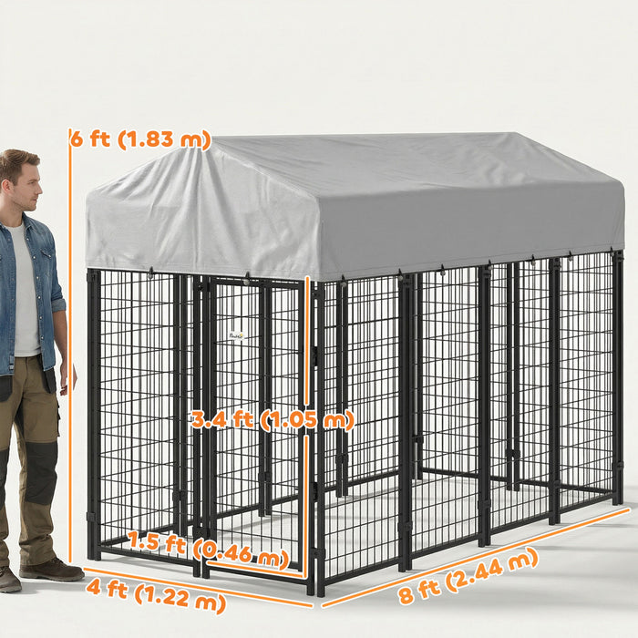 PawHut 8' x 4' x 6' Dog Run Outdoor, Large Outdoor Dog Kennel Welded Wire Steel Fence with UV-Resistant & Waterproof Cover, Dual Escape-proof Lock, Silver