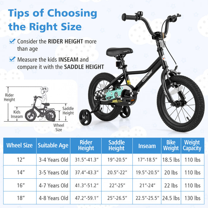Costway 14\" Kids Training Bike With Removable Training Wheels Pneumatic Tires Black