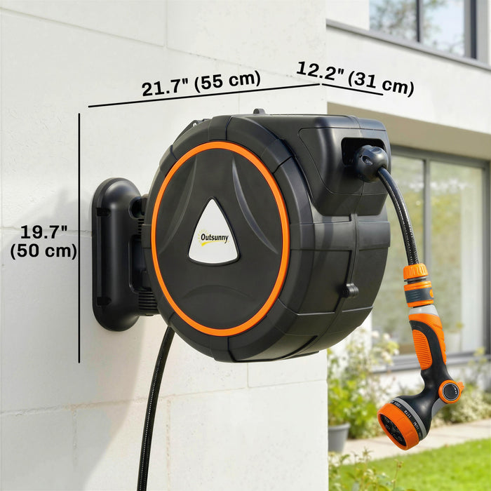 Outsunny Retractable Garden Hose Reel, 1/2\" x 75.5ft Wall Mounted Hose Reel with 12-Pattern Nozzles, Auto Retraction, Self-Locking, Slow Return System, 180° Swivel Bracket