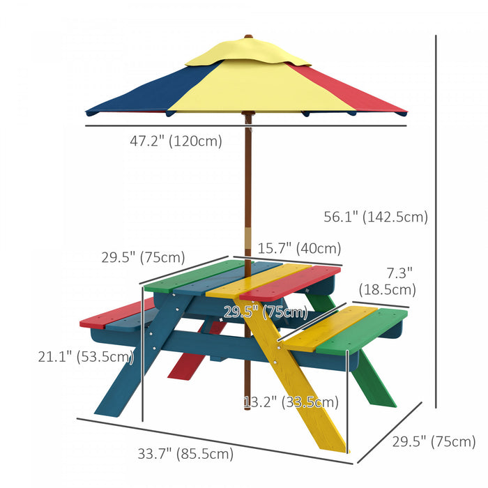 Outsunny Kids Picnic Table Bench Set With Removable Umbrella, Outdoor Wooden Kids Table And Chair Set For Backyard, Garden, 3-6 Years Boys And Girls, Multicolour