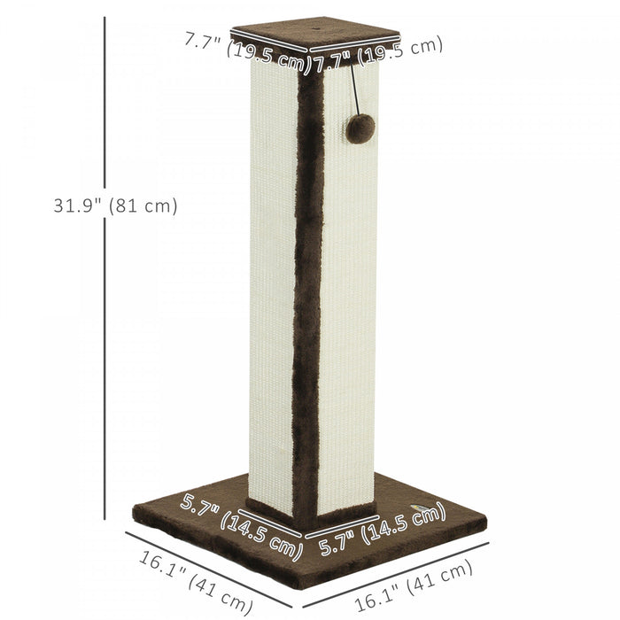 Pawhut 32\" Tall Cat Scratching Post For Indoor Cats And Kittens, Vertical Claw Scratcher, Sisal Cat Scratcher With Hanging Ball And Soft Plush, Brown