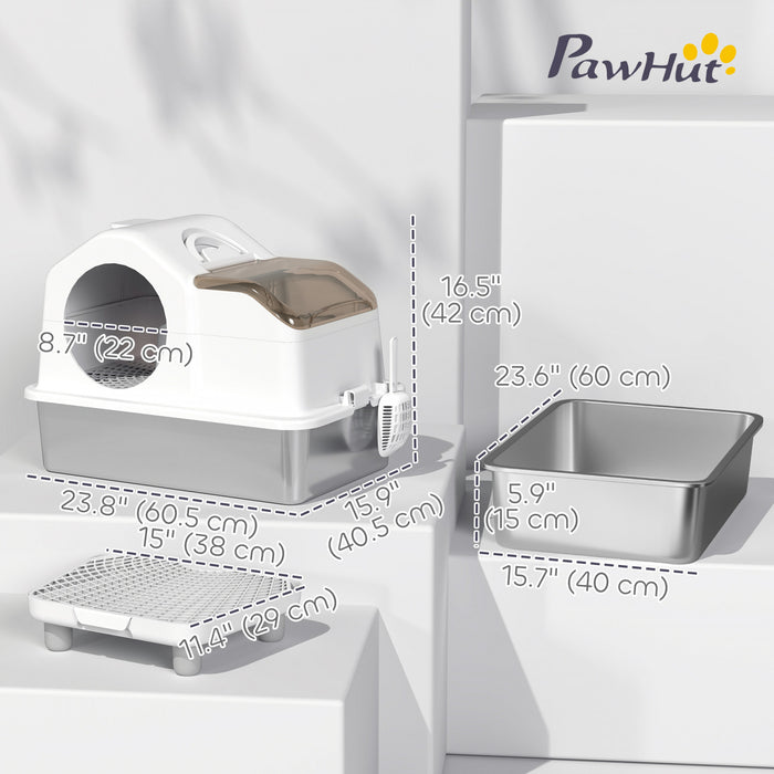 Pawhut Stainless Steel Cat Litter Box With Removable Lid, Extra Large Enclosed Litter Box With High Sided, Mats, Scoop, Odor Free, Non-sticky, Anti-leakage, Easy Clean, For Big Cat