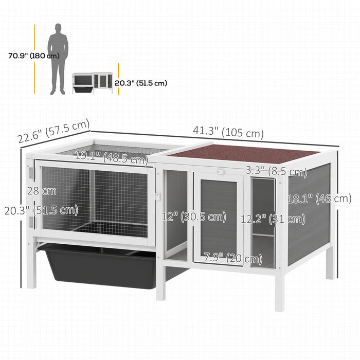 PawHut Rabbit Hutch, Wooden Guinea Pig Cage with Run, Openable Top, Pull Out Tray and Ramp, Hamster Cage with Water-Resistant Roof for Indoor Outdoor, Grey
