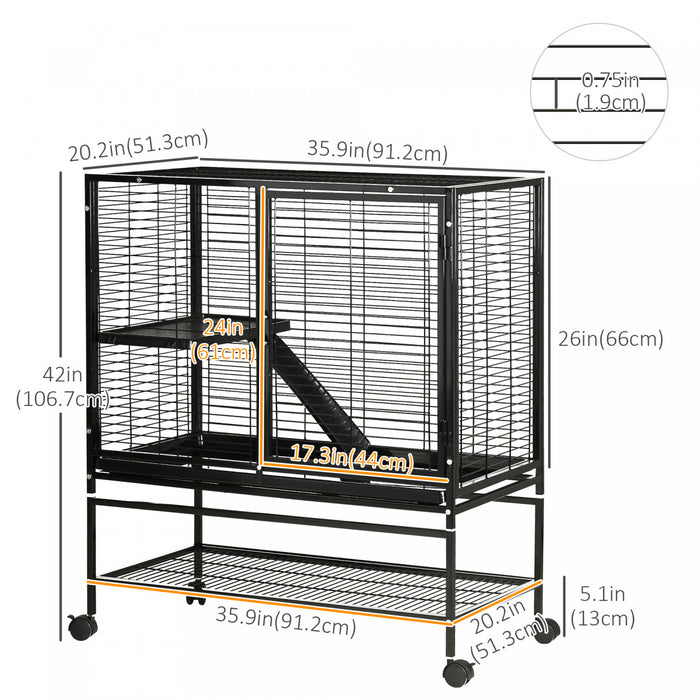 Pawhut Small Animal Cage With Wheels, 2-tier Pet Playpen For Ferrets, Chinchillas, Guinea Pigs, Kittens, With Bottom Storage Shelf, Removable Tray, Ramp, 36\" X 20\" X 42\"