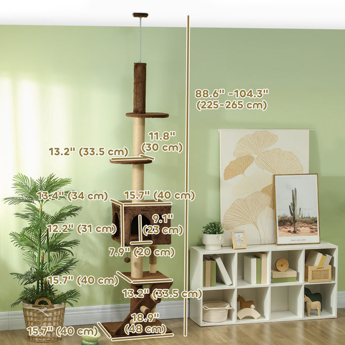 Pawhut Floor To Ceiling Cat Tree For Large Cats Adult, Cat Tower Adjustable Height 89\"-104\" W/ Scratching Post, Cat House, 3-steps, Hanging Ball, Perches, Anti-tip Kit, Brown