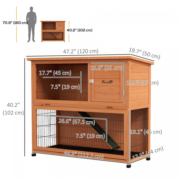 Pawhut Wooden Rabbit Hutch, 2 Tier Outdoor Rabbit Cage With Trays, Ramp, Asphalt Roof, Doors For 1-2 Rabbits, 47\" X 20\" X 40\", Orange