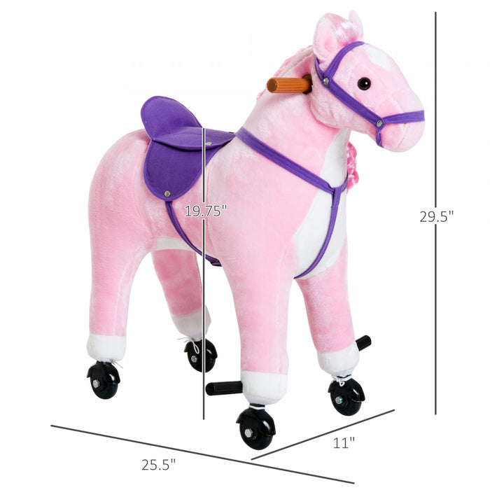 Qaba Kids Rocking Horse, Large Walking Ride On Toy For Toddlers 3 Year Old, Baby Plush Animal Rocker With Sound And Wheel, Pink