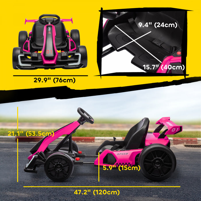 Aosom Go Kart, 24v Electric Kids Drift Kart With Adjustable Seat, Slow Start, Seat Belt, Horn, Music, Light, Battery Powered Ride On Cart For 6-12 Years Old, Pink