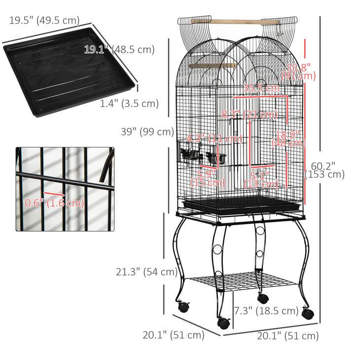 Pawhut 60\" Bird Cage With Openable Top, Large Parrot Cage With Rolling Stand, Wheels, Removable Tray, Bowls, Storage Shelf For Cockatie, Sun Conure, Black
