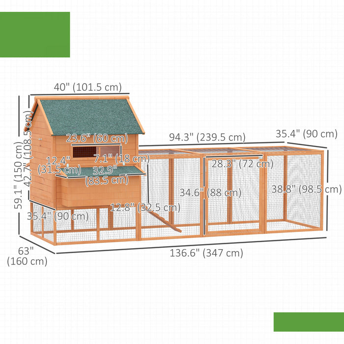 Pawhut 137\" Chicken Coop, Wooden Large Hen House With Chicken Run, Nesting Box, Poultry Cage For Outdoor, Backyard, Orange