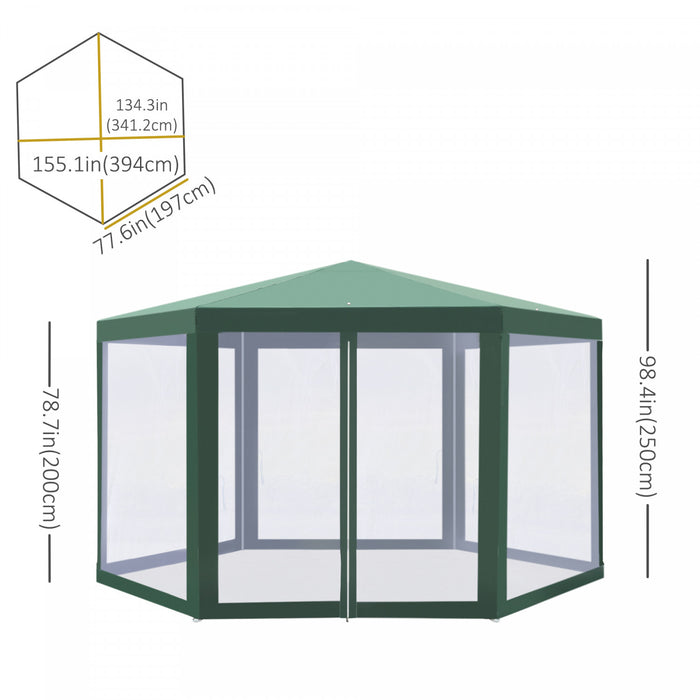Outsunny Φ13' Hexagon Party Tent Patio Gazebo Outdoor Activity Event Canopy Quick Sun Shelter Pavilion With Netting Mesh Sidewall Green