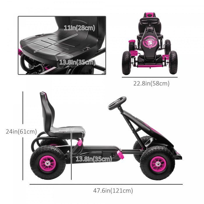 Aosom Kids Pedal Go Kart, Ride On Toys For Boys Girls With Ergonomic Adjustable Seat, Rubber Wheels Shock Absorb, Safety Hand Brake, Ages 5-12 Years Old, Pink