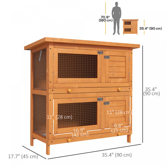 Pawhut Wooden Rabbit Hutch, 2-tier Outdoor Bunny House With Pull-out Trays, Rooms, Doors, For Backyard, Garden, Yellow