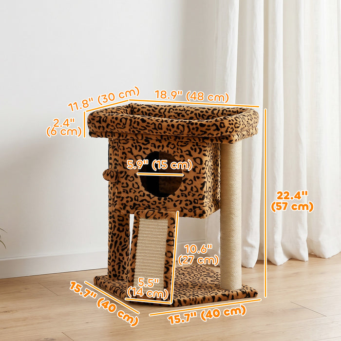 PawHut Cat Tree, Small Cat Tower with Perch, Scratching Post, Cat Condo, Toy Ball for Kitty, Indoor Use, Leopard Print