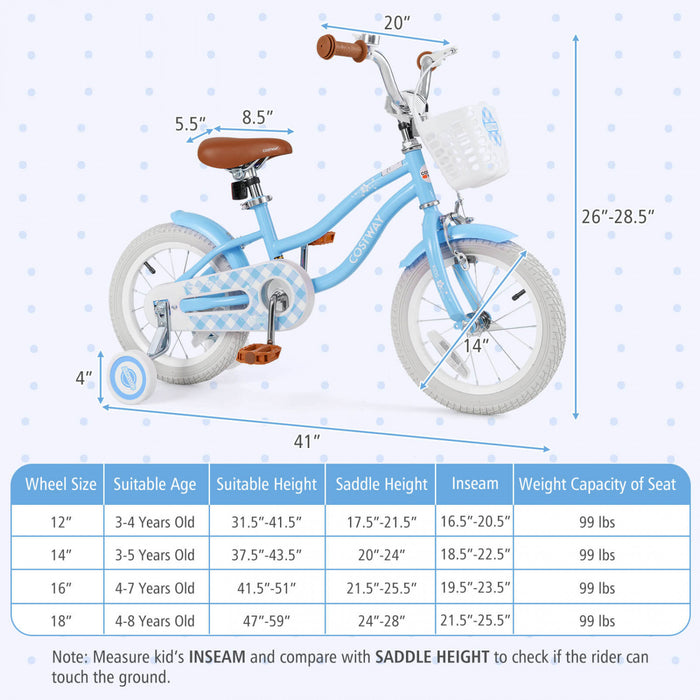 Costway 14\" Kid's Bike With Removable Training Wheels & Basket For 3-5 Years Old Blue